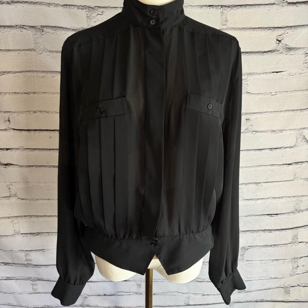 Vintage Neil Martin‎ Pleated Mandarin Collar Blouse Black Minimalist 90s Size 14